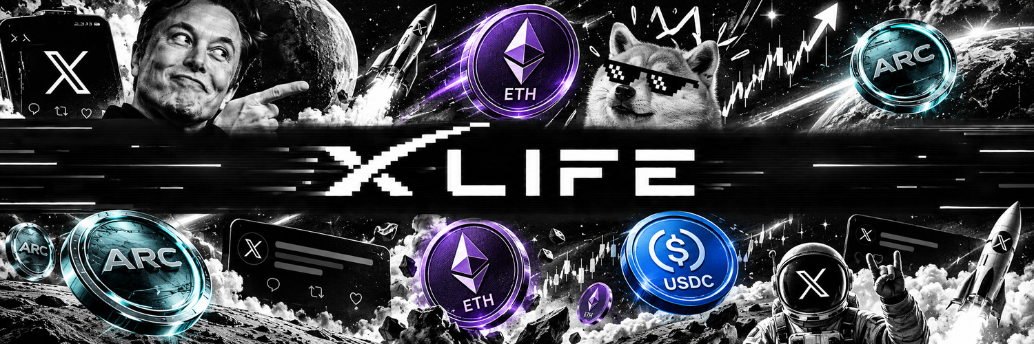 XLife banner — X LIFE glitch lettering surrounded by meme culture, rockets, and crypto coins